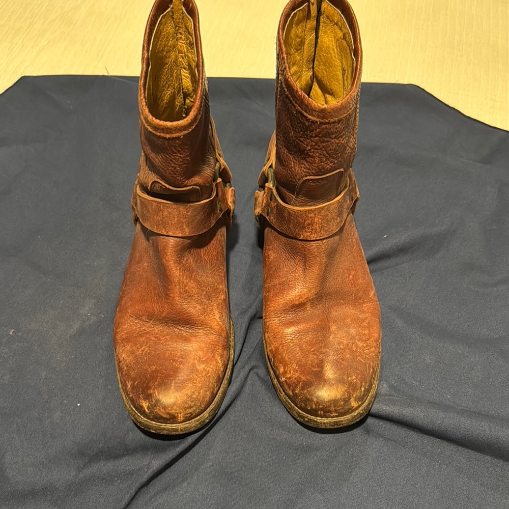 Frye Brown Leather Engineer Boots with Buckle Details